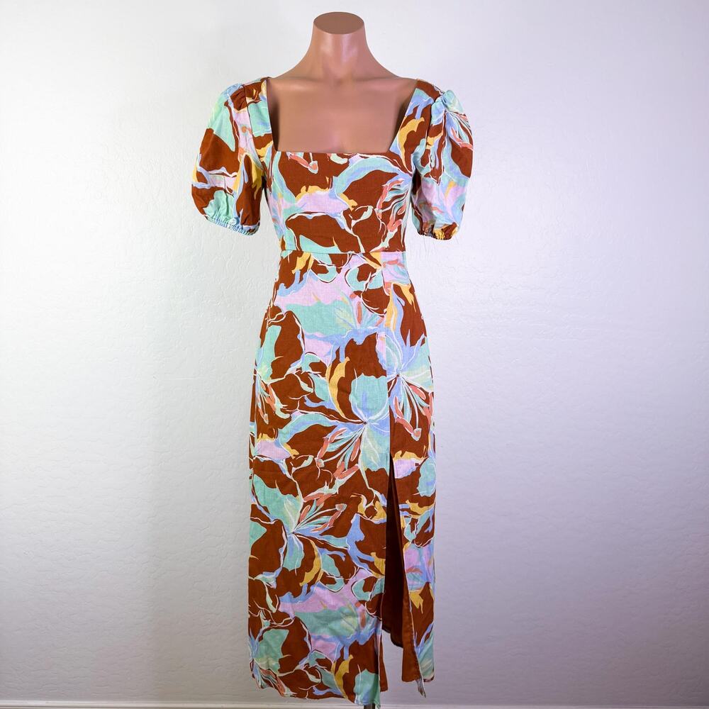 GB Linen Cottagecore Prairie Back Cutout Square Floral Midi Dress Brown XS NWT